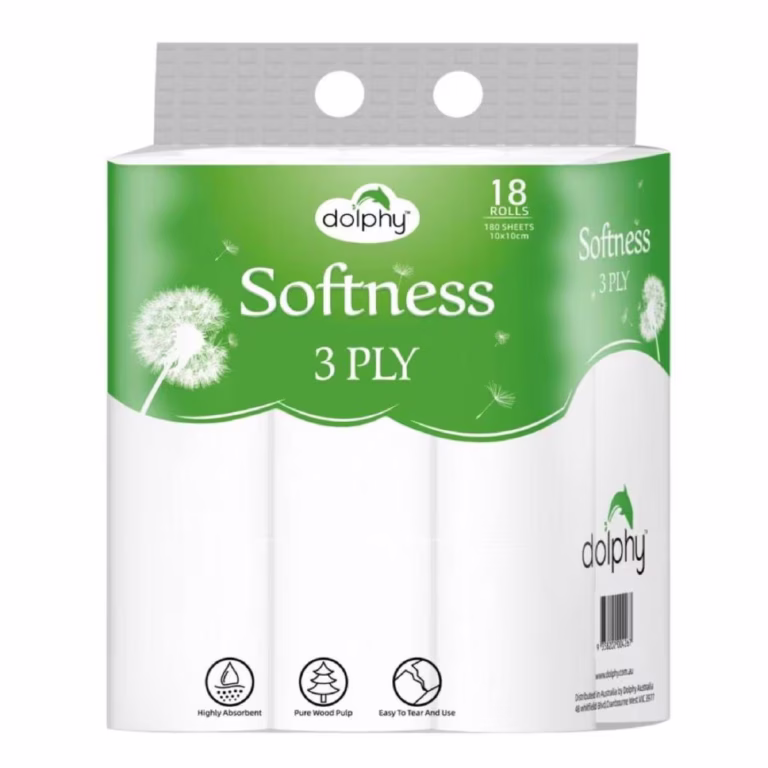 Dolphy 3 Ply Toilet Paper 180 Sheets 18 Pack (72 Rolls) bulk toilet paper pack for home, office, commercial and everyday bathroom use.