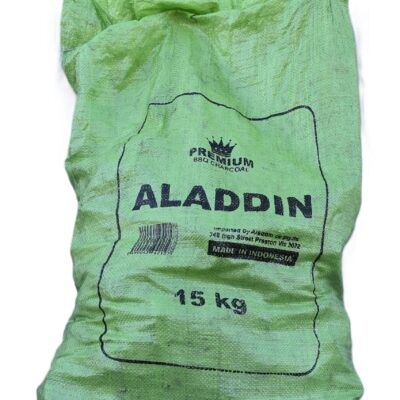 Aladdin Lump Charcoal 15kg premium natural hardwood lump charcoal for BBQ grills, smokers, charcoal barbecues, and outdoor cooking.