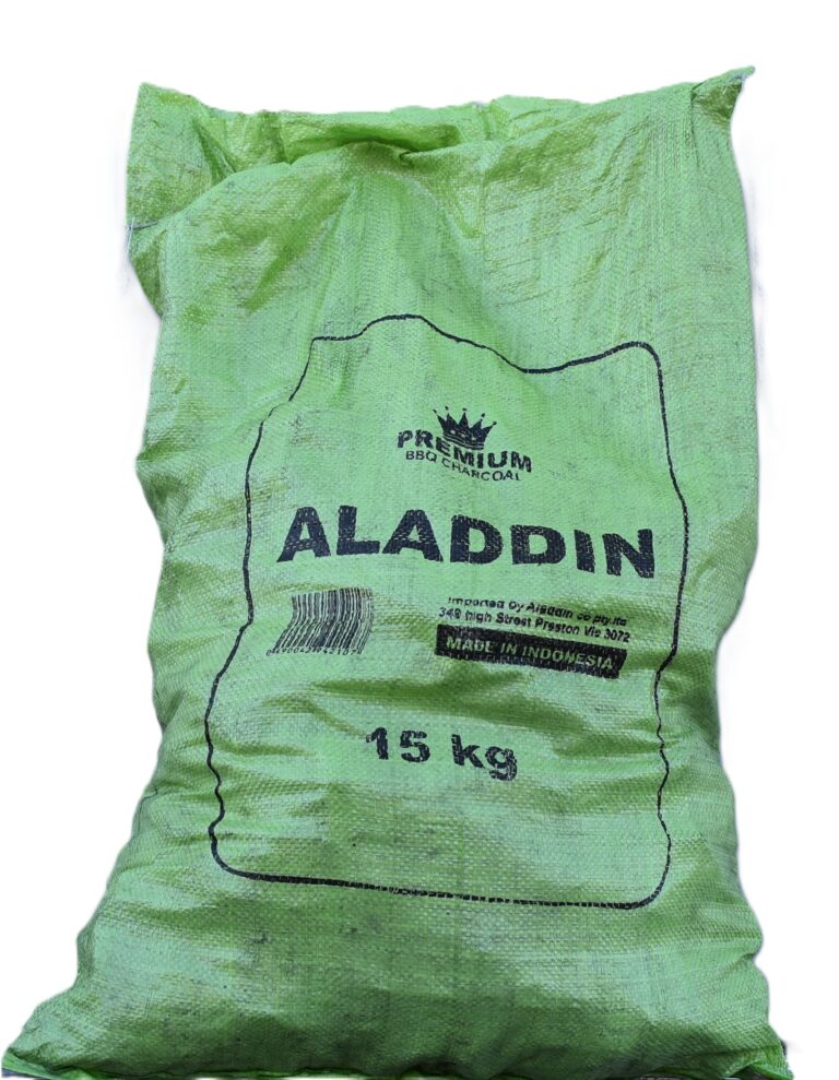 Aladdin Lump Charcoal 15kg premium natural hardwood lump charcoal for BBQ grills, smokers, charcoal barbecues, and outdoor cooking.