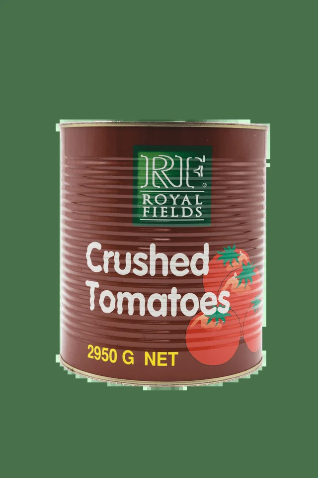 RF Crushed Tomato 3kg tin RF Crushed Tomato tin close-up label Pack of 6 RF Crushed Tomato 3kg tins