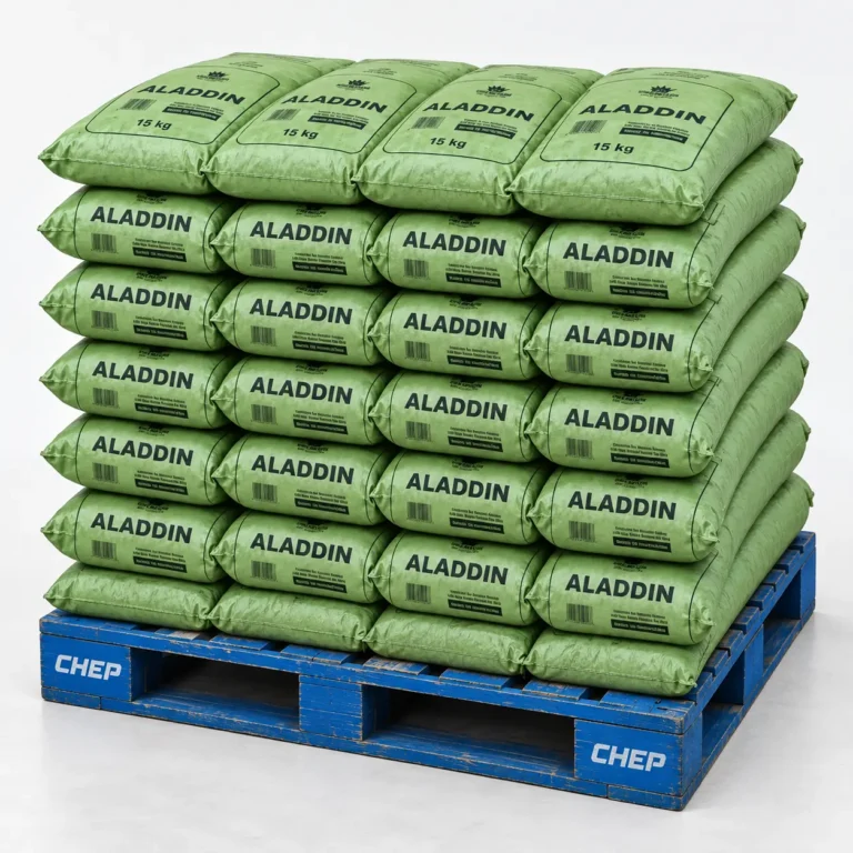 Aladdin charcoal pallet illustration with green 15kg wood lump charcoal bags