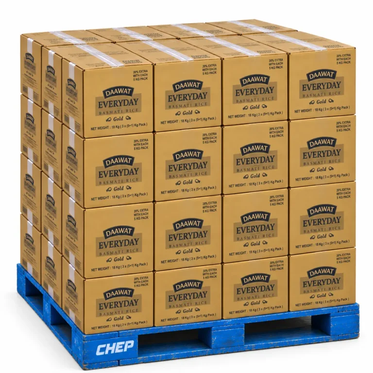 Daawat Everyday rice pallet illustration with standard 5kg basmati rice bags
