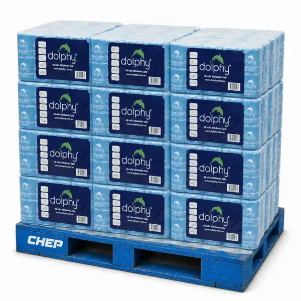 Dolphy toilet paper pallet illustration with 48 roll packs of 2 ply 400 sheet tissue