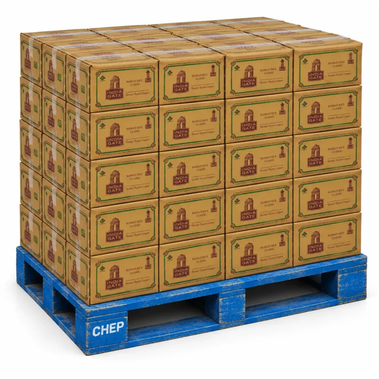India Gate Classic rice pallet illustration with Classic basmati rice bags