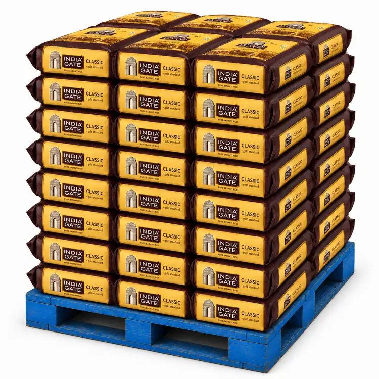 India Gate Classic rice pallet illustration with Classic basmati rice bags