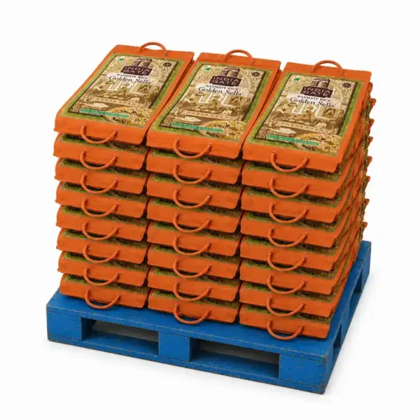 India Gate Golden Sella pallet illustration with 5kg basmati rice bags