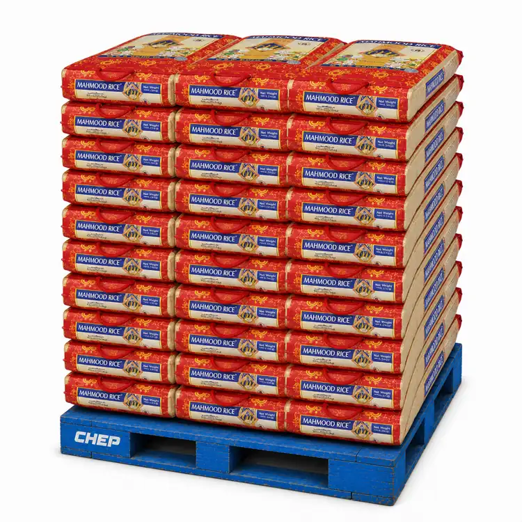 Mahmood Classic basmati rice pallet illustration with red 4.5kg rice pouches