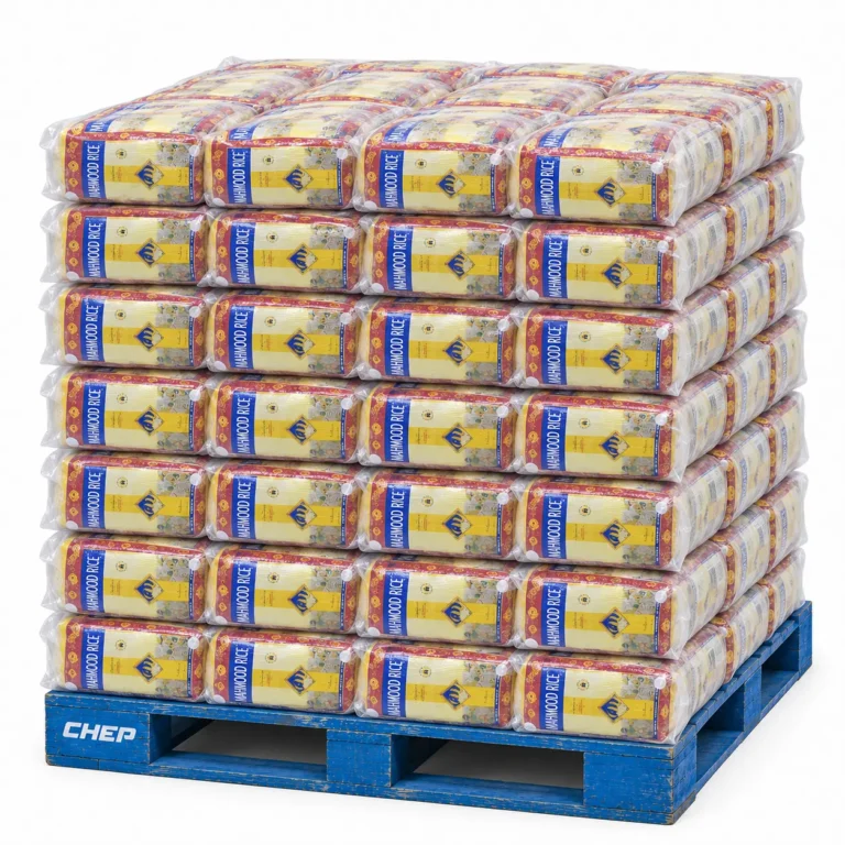 Mahmood Classic basmati rice pallet illustration with red 4.5kg rice pouches