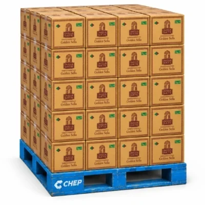 India Gate Golden Sella pallet illustration with 5kg basmati rice bags