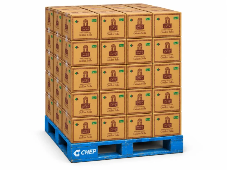 India Gate Golden Sella pallet illustration with 5kg basmati rice bags