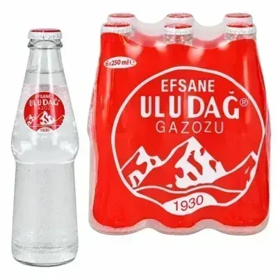 Uludag Gazoz Efsane 250mL bottle beside a six-bottle multipack on white