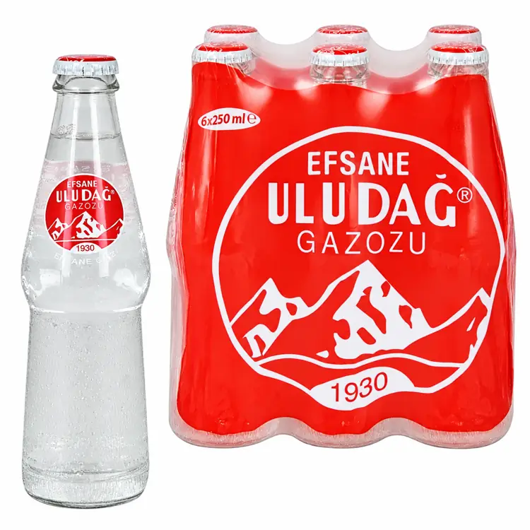 Uludag Gazoz Efsane 250mL bottle beside a six-bottle multipack on white