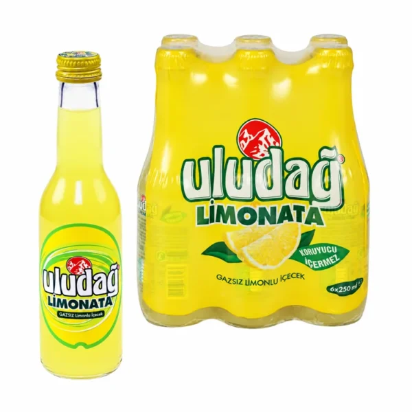 Uludag Limonata lemon drink bottle and yellow six-pack on white