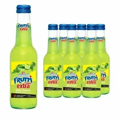 Uludag Frutti Extra Lime green bottles arranged on white
