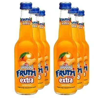 Uludag Frutti Extra Mandarin bottles in a six-bottle group on white