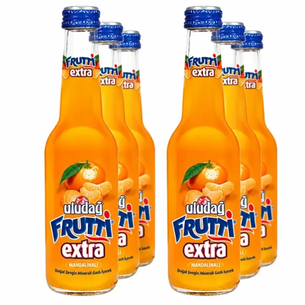 Uludag Frutti Extra Mandarin bottles in a six-bottle group on white