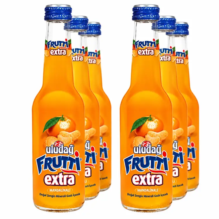 Uludag Frutti Extra Mandarin bottles in a six-bottle group on white