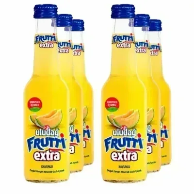 Uludag Frutti Extra Melon bottles arranged as a six-bottle group on white