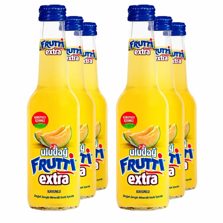 Uludag Frutti Extra Melon bottles arranged as a six-bottle group on white