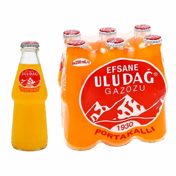 Uludag Orange Gazoz bottle beside an orange six-bottle multipack on white