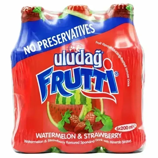 Uludag Frutti Watermelon Strawberry six-pack with red packaging on white